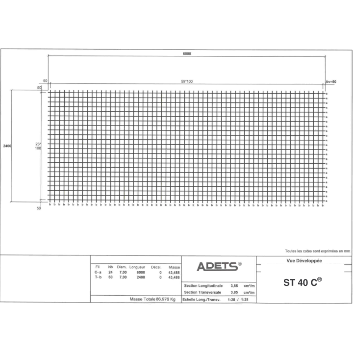 Malla Electrosoldada ST40C de 6000 X 2400, 100 X 100 & Diám 7 mm