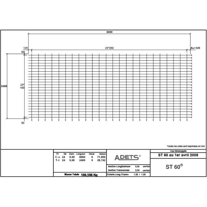 Treillis Soudés  ST60 en 6000 X 2400, 250 X 100 & Diam 9 mm