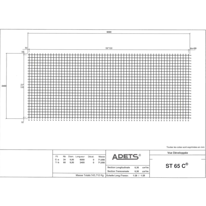 Treillis Soudés ST65C en 6000 X 2400, 100 X 100 & Diam 9 mm