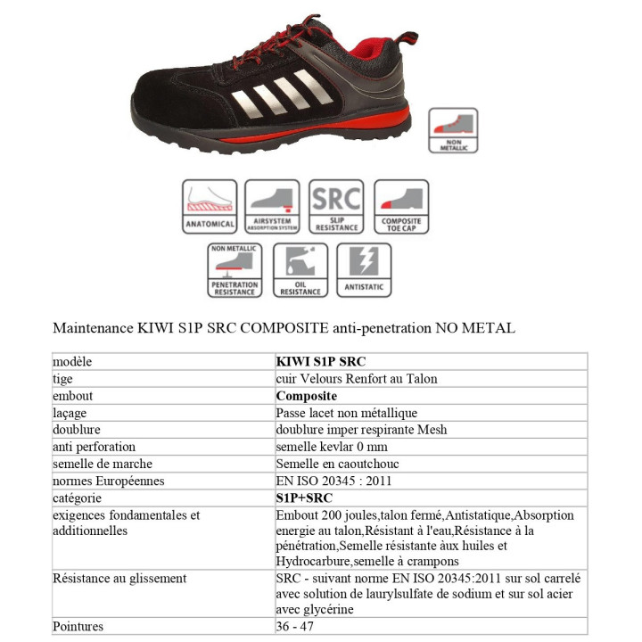 KIWI S1P SRC - zapato bajo negro y rojo, look deportivo y flexible